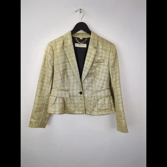 BURBERRY Women's Sz 8 Metallic Gold Brocade Jacquard Cropped Jacket